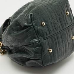 Pre Owned Carolina Herrera Dark Green Monogram Embossed Leather Bow Bucket Bag