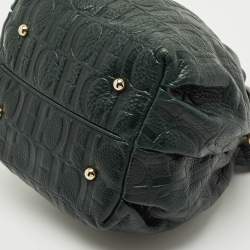 Pre Owned Carolina Herrera Dark Green Monogram Embossed Leather Bow Bucket Bag