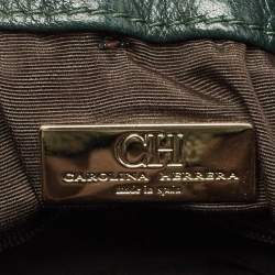 Pre Owned Carolina Herrera Dark Green Monogram Embossed Leather Bow Bucket Bag