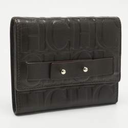 Pre Owned Carolina Herrera Dark Brown Monogram Leather Trifold Wallet