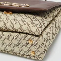 Pre Owned Carolina Herrera Brown/Off White Monogram Canvas and Leather Initials Insignia Shoulder Bag