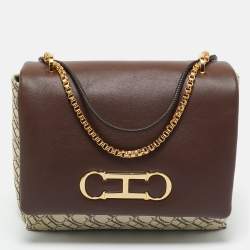 Pre Owned Carolina Herrera Brown/Off White Monogram Canvas and Leather Initials Insignia Shoulder Bag