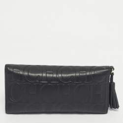 مملوكة مسبقًا Carolina Herrera Black Monogram Embossed Leather Tassel Trifold Continental Wallet
