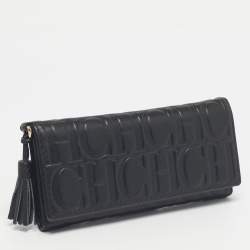 مملوكة مسبقًا Carolina Herrera Black Monogram Embossed Leather Tassel Trifold Continental Wallet