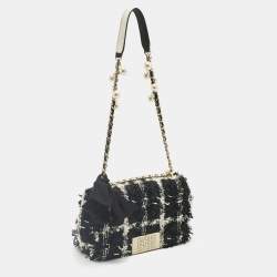 Pre Owned Carolina Herrera Black/White Tweed CHHC Pearl Embellished Shoulder Bag