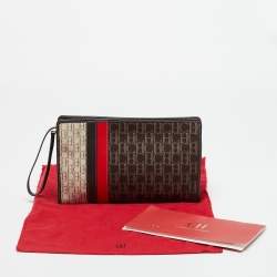 Pre Owned Carolina Herrera Brown/Red Signature Canvas and Leather Wristlet Pouch 