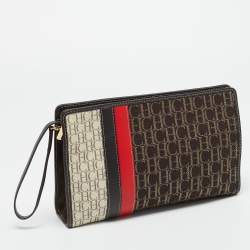 Pre Owned Carolina Herrera Brown/Red Signature Canvas and Leather Wristlet Pouch 