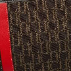 Pre Owned Carolina Herrera Brown/Red Signature Canvas and Leather Wristlet Pouch 