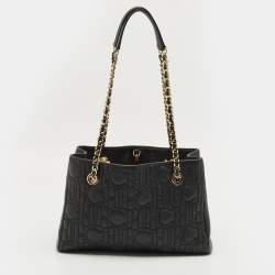 Pre Owned Carolina Herrera Black Monogram Leather CHHC Chain Tote