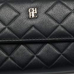 Pre Owned Carolina Herrera Black Quilted Leather Flap Compact Wallet