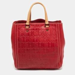 Pre Owned Carolina Herrera Red Monogram Embossed Leather Boston Tote