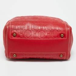 Pre Owned Carolina Herrera Red Monogram Embossed Leather Boston Tote