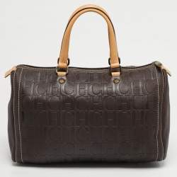 Pre Owned Carolina Herrera Dark Brown Monogram Embossed Leather Large Andy Satchel