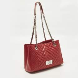 Pre Owned Carolina Herrera CHHC Logo Red Quilted Leather Chain Tote