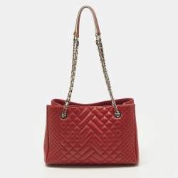 Pre Owned Carolina Herrera CHHC Logo Red Quilted Leather Chain Tote