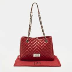 Pre Owned Carolina Herrera CHHC Logo Red Quilted Leather Chain Tote