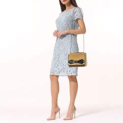 Pre Owned Carolina Herrera Bow Beige/Black Monogram Embossed Patent and Leather Shoulder Bag