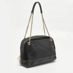 مملوكة مسبقًا Carolina Herrera Chain Black Logo Embossed Leather and Suede Satchel
