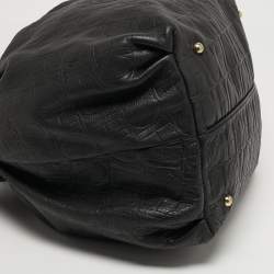 Pre Owned Carolina Herrera Bow Black Monogram Embossed Leather Bucket Bag