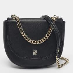 Pre Owned Carolina Herrera Flap Chain Black Leather Crossbody Bag