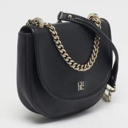 Pre Owned Carolina Herrera Flap Chain Black Leather Crossbody Bag