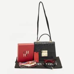 Pre Owned Carolina Herrera Pushlock Black/Red Logo Embossed Leather Top Handle Bag