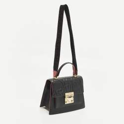 Pre Owned Carolina Herrera Pushlock Black/Red Logo Embossed Leather Top Handle Bag