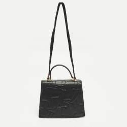 Pre Owned Carolina Herrera Pushlock Black/Red Logo Embossed Leather Top Handle Bag