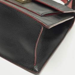 Pre Owned Carolina Herrera Pushlock Black/Red Logo Embossed Leather Top Handle Bag