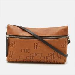 Pre Owned Carolina Herrera Tan/Brown Monogram Embossed Leather Slim Crossbody Bag