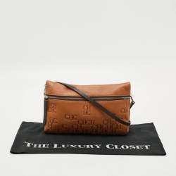 Pre Owned Carolina Herrera Tan/Brown Monogram Embossed Leather Slim Crossbody Bag