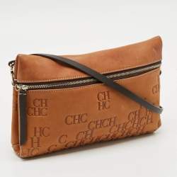 Pre Owned Carolina Herrera Tan/Brown Monogram Embossed Leather Slim Crossbody Bag