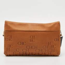 Pre Owned Carolina Herrera Tan/Brown Monogram Embossed Leather Slim Crossbody Bag