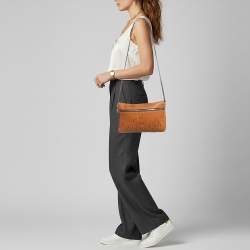 Pre Owned Carolina Herrera Tan/Brown Monogram Embossed Leather Slim Crossbody Bag