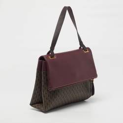 Pre Owned Carolina Herrera Flap Burgundy/Brown Monogram Coated Canvas Leather Top Handle Bag