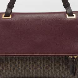Pre Owned Carolina Herrera Flap Burgundy/Brown Monogram Coated Canvas Leather Top Handle Bag