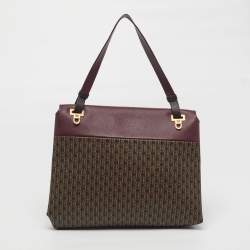 Pre Owned Carolina Herrera Flap Burgundy/Brown Monogram Coated Canvas Leather Top Handle Bag
