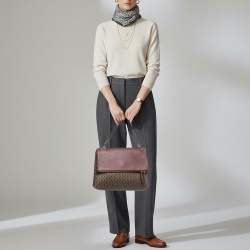 Pre Owned Carolina Herrera Flap Burgundy/Brown Monogram Coated Canvas Leather Top Handle Bag