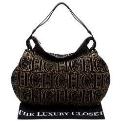 Pre Owned Carolina Herrera Black/Gold Monogram Velvet and Leather Hobo