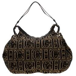 Pre Owned Carolina Herrera Black/Gold Monogram Velvet and Leather Hobo