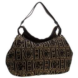 Pre Owned Carolina Herrera Black/Gold Monogram Velvet and Leather Hobo