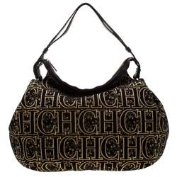 Pre Owned Carolina Herrera Black/Gold Monogram Velvet and Leather Hobo