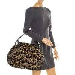 Pre Owned Carolina Herrera Black/Gold Monogram Velvet and Leather Hobo