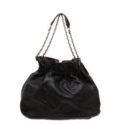 Pre Owned Carolina Herrera Dark Brown Monogram Embossed Leather Bow Bucket Shoulder Bag