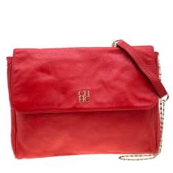 Pre Owned Carolina Herrera Red Leather Flap Shoulder Bag