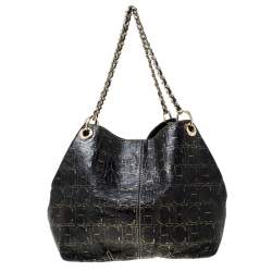 Carolina Herrera Black Monogram Leather Chain Shoulder Bag    