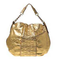 Pre Owned Carolina Herrera Gold Metallic Monogram Leather Chain Hobo