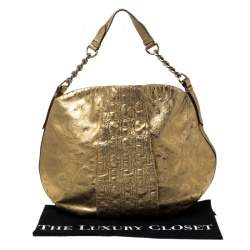 Pre Owned Carolina Herrera Gold Metallic Monogram Leather Chain Hobo