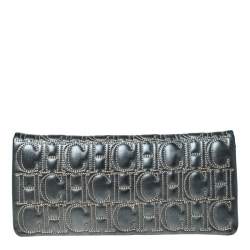 Pre Owned Carolina Herrera Dark Grey Monogram Leather Flap Continental Wallet