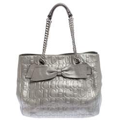 Pre Owned Carolina Herrera Silver Monogram Leather Audrey Tote